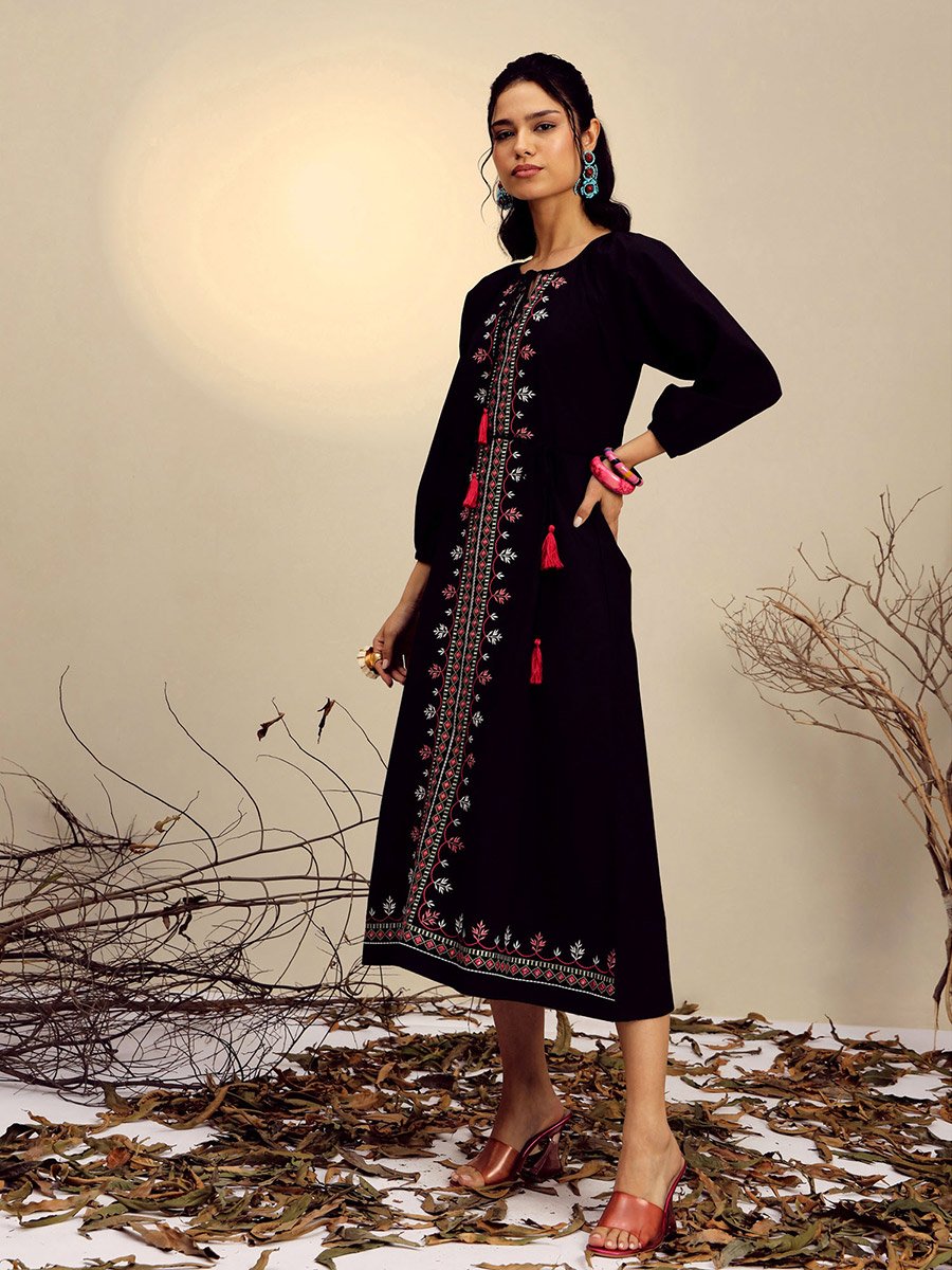 Black Embroidered Neck Dori Midi Dress