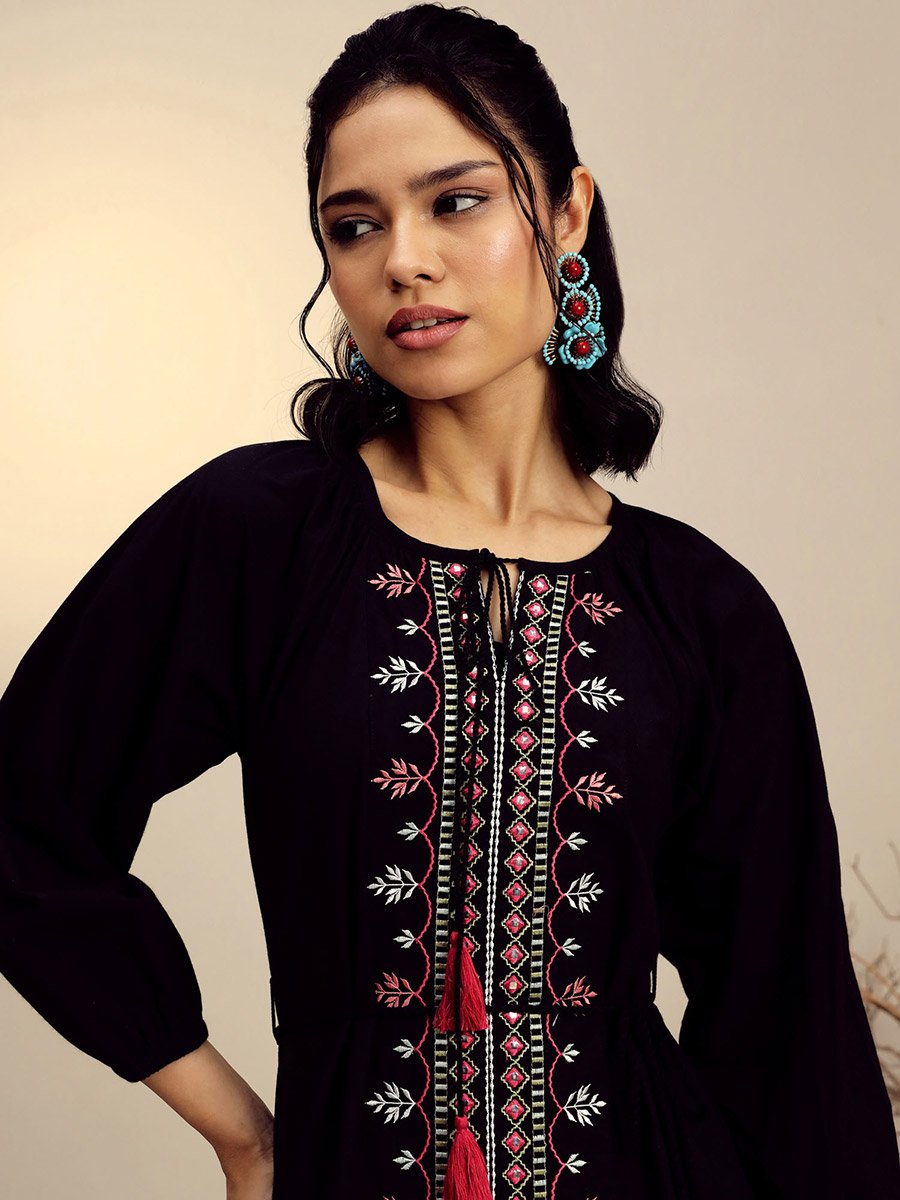 Black Embroidered Neck Dori Midi Dress