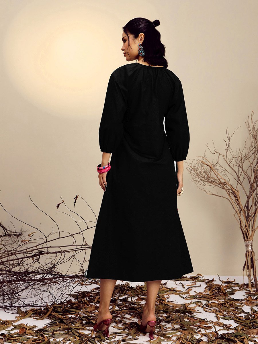 Black Embroidered Neck Dori Midi Dress