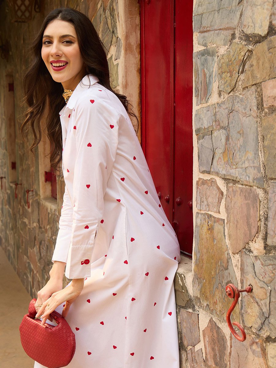 White Heart Print A-Line Maxi Dress