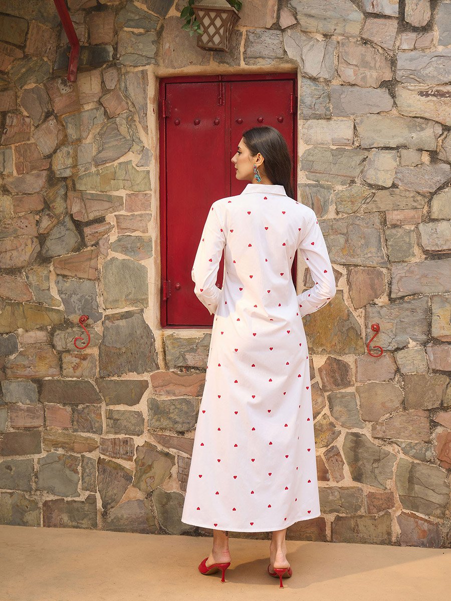 White Heart Print A-Line Maxi Dress