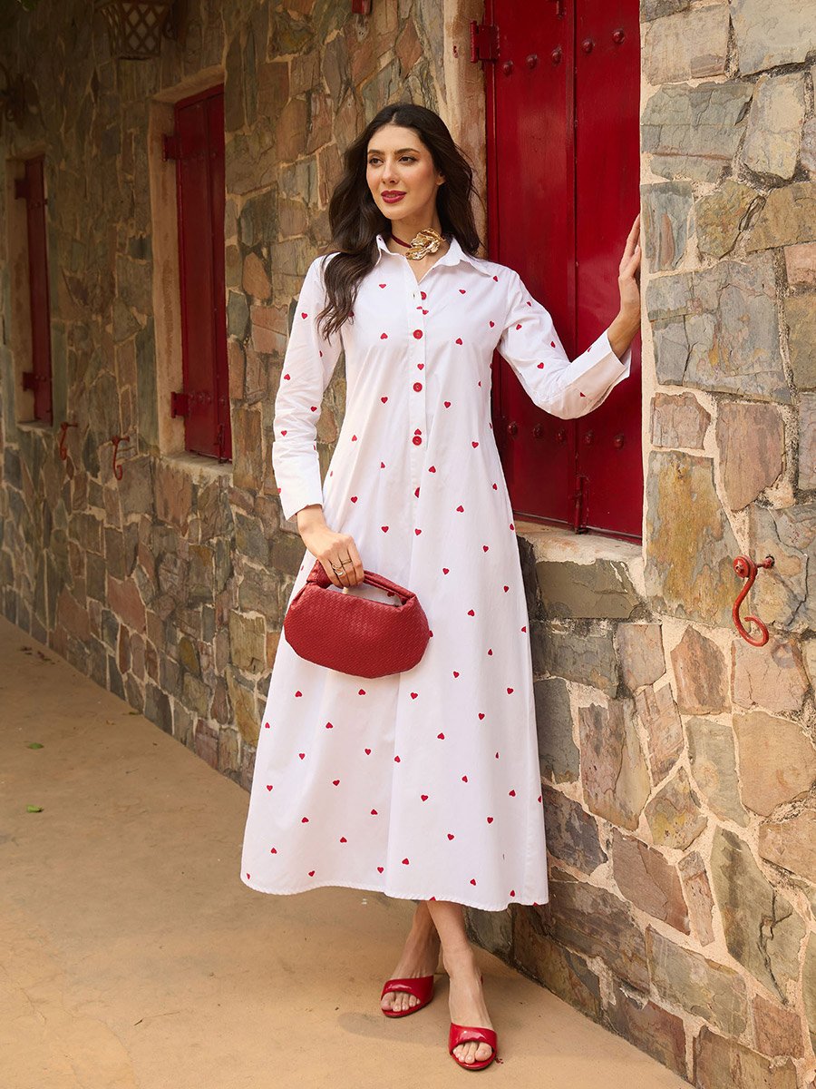 White Heart Print A-Line Maxi Dress