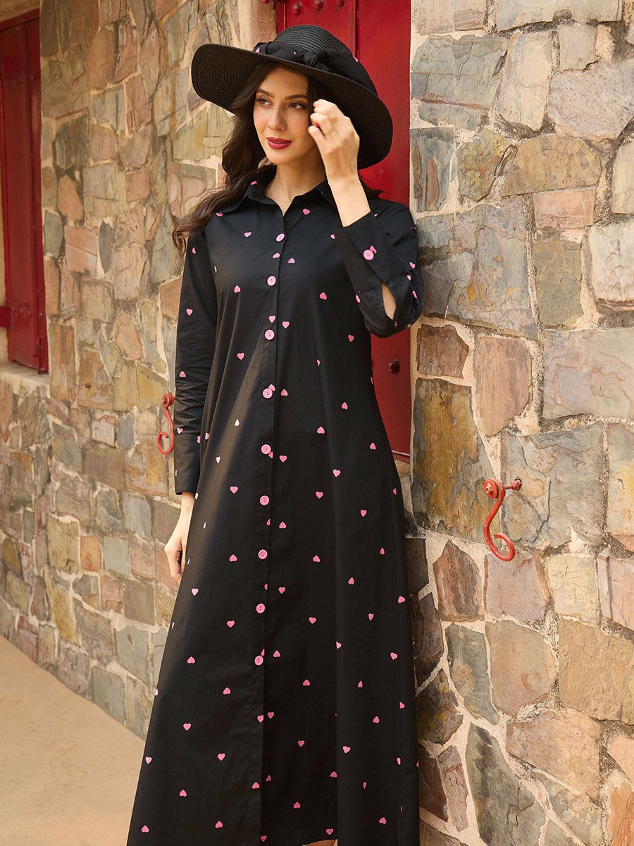 Black Heart Print A-Line Maxi Dress For Women at UAE | Styli