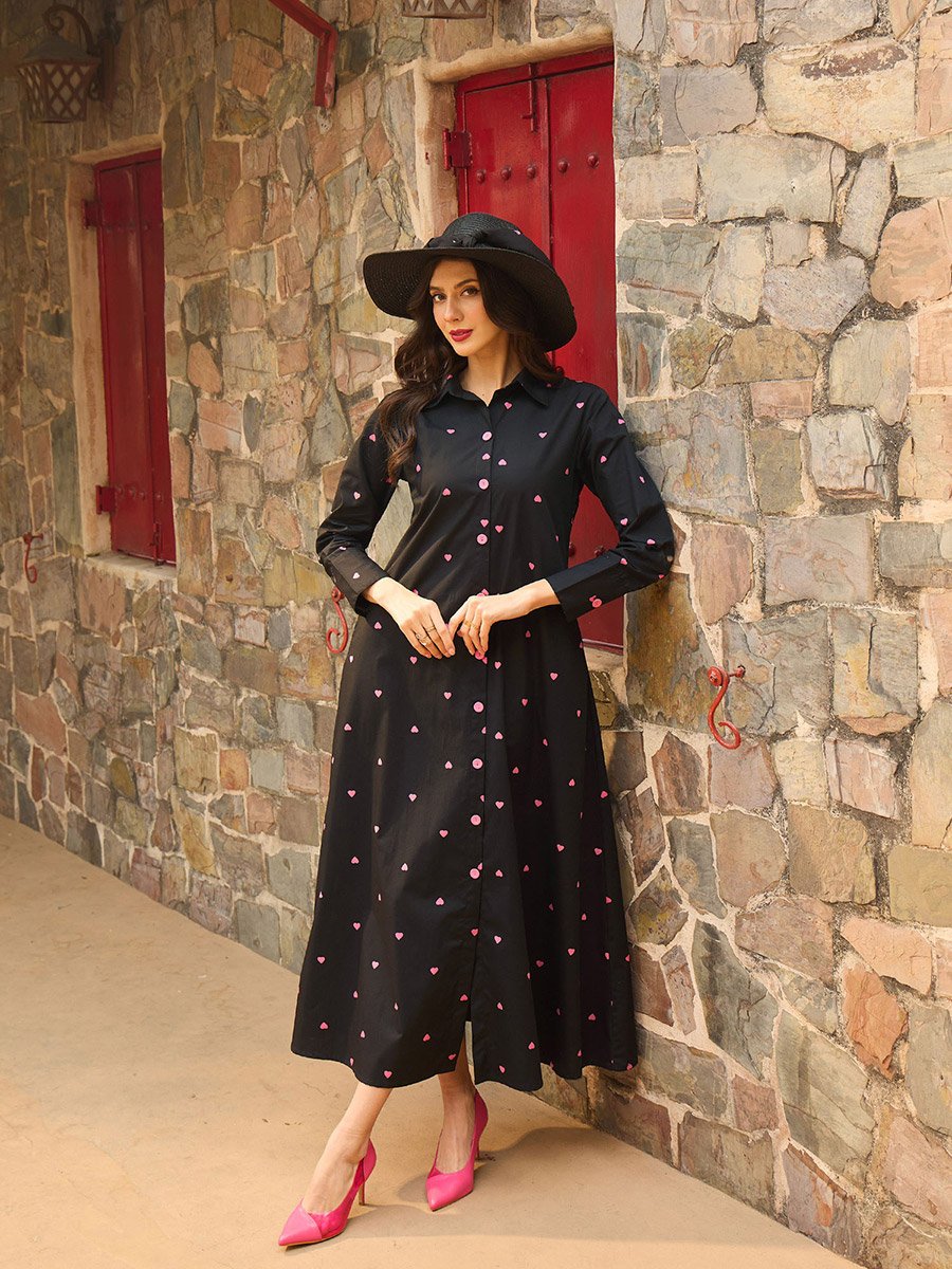 Black Heart Print A-Line Maxi Dress