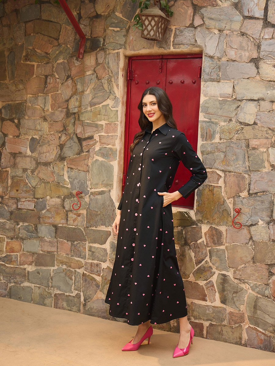 Black Heart Print A-Line Maxi Dress