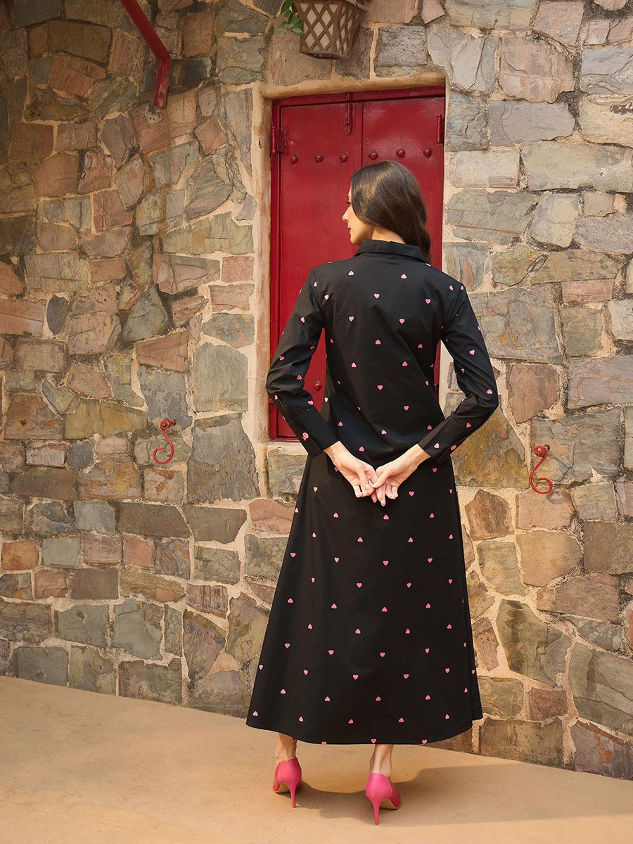 Black Heart Print A-Line Maxi Dress