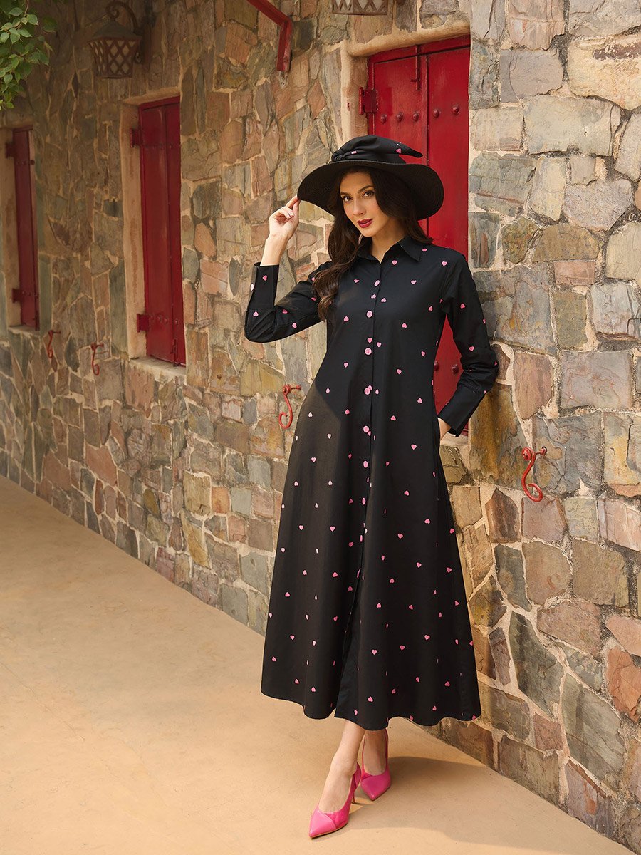 Black Heart Print A-Line Maxi Dress