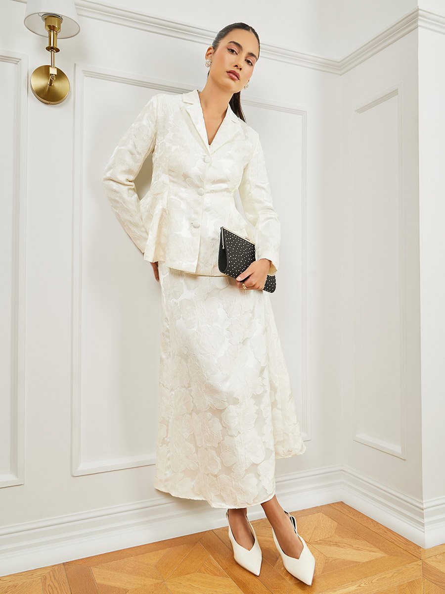 Cream Jacquard Peplum Blazer with Buttons For Women at Bahrain | Styli