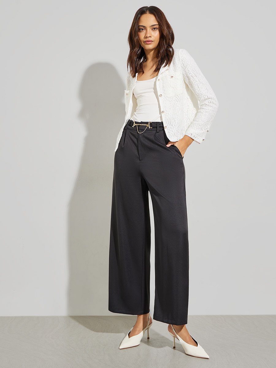 Black Wide Leg Trousers with Chain Link Detail