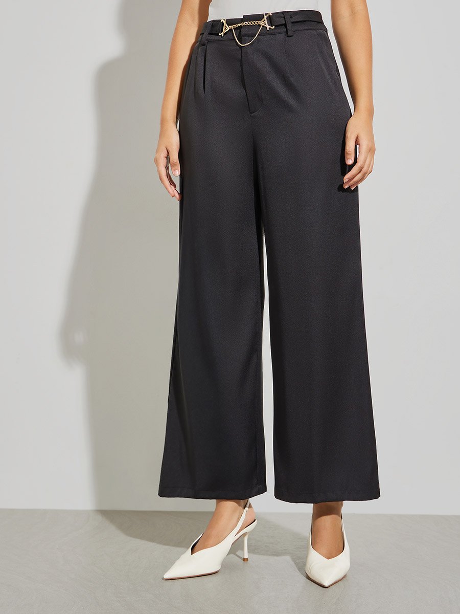 Black Wide Leg Trousers with Chain Link Detail