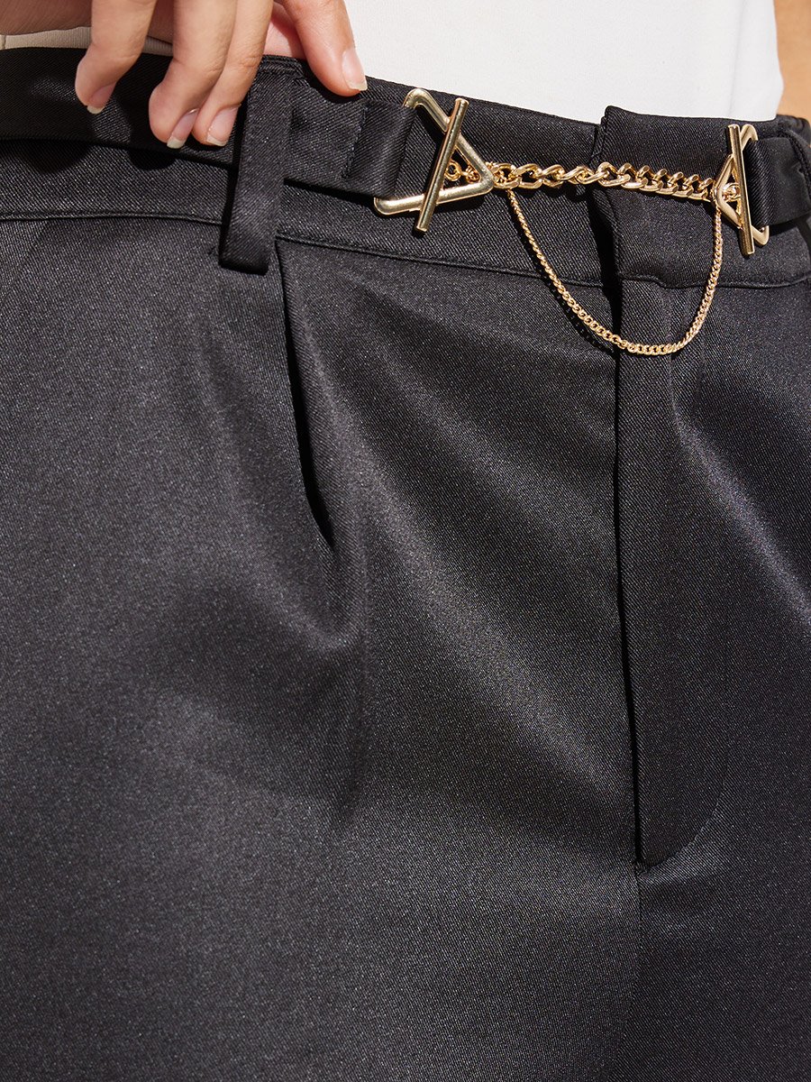 Black Wide Leg Trousers with Chain Link Detail