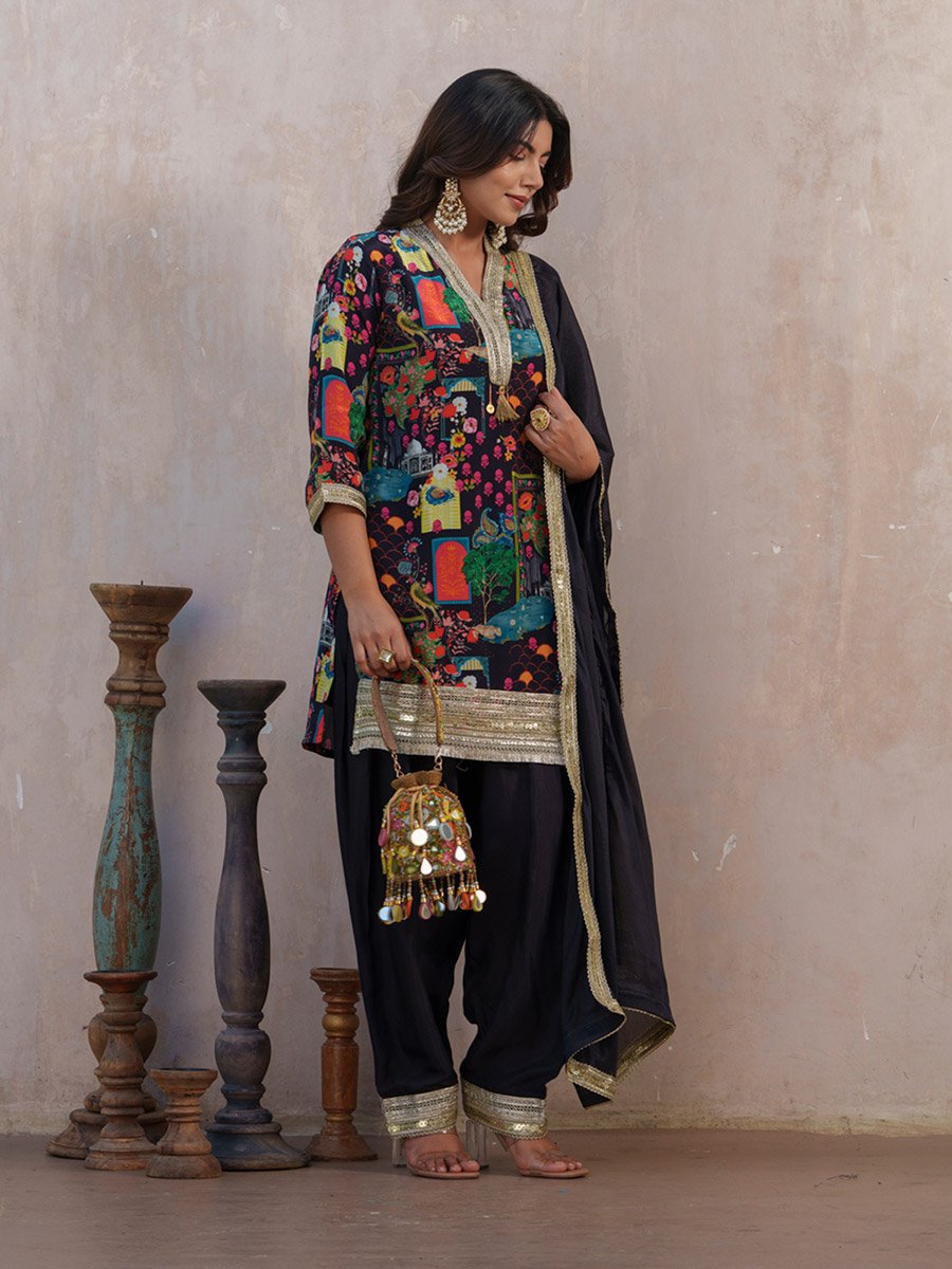 Women Black Ethnic Motifs Straight Kurta with Salwar and Dupatta Set