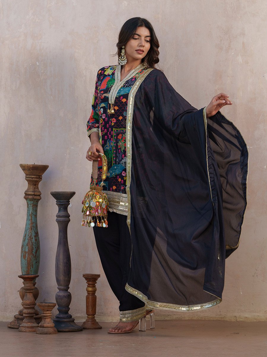 Women Black Ethnic Motifs Straight Kurta with Salwar and Dupatta Set