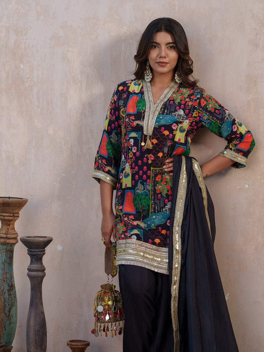 Women Black Ethnic Motifs Straight Kurta with Salwar and Dupatta Set