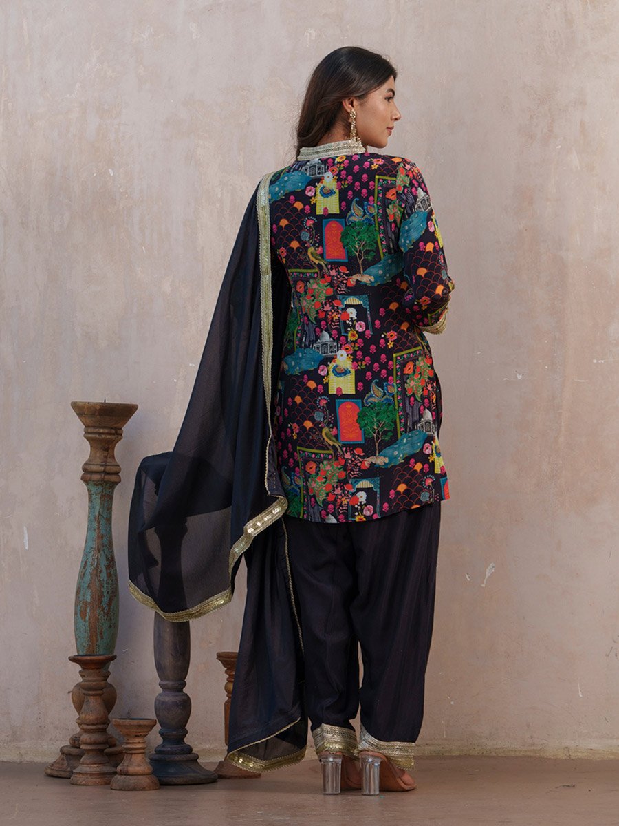 Women Black Ethnic Motifs Straight Kurta with Salwar and Dupatta Set