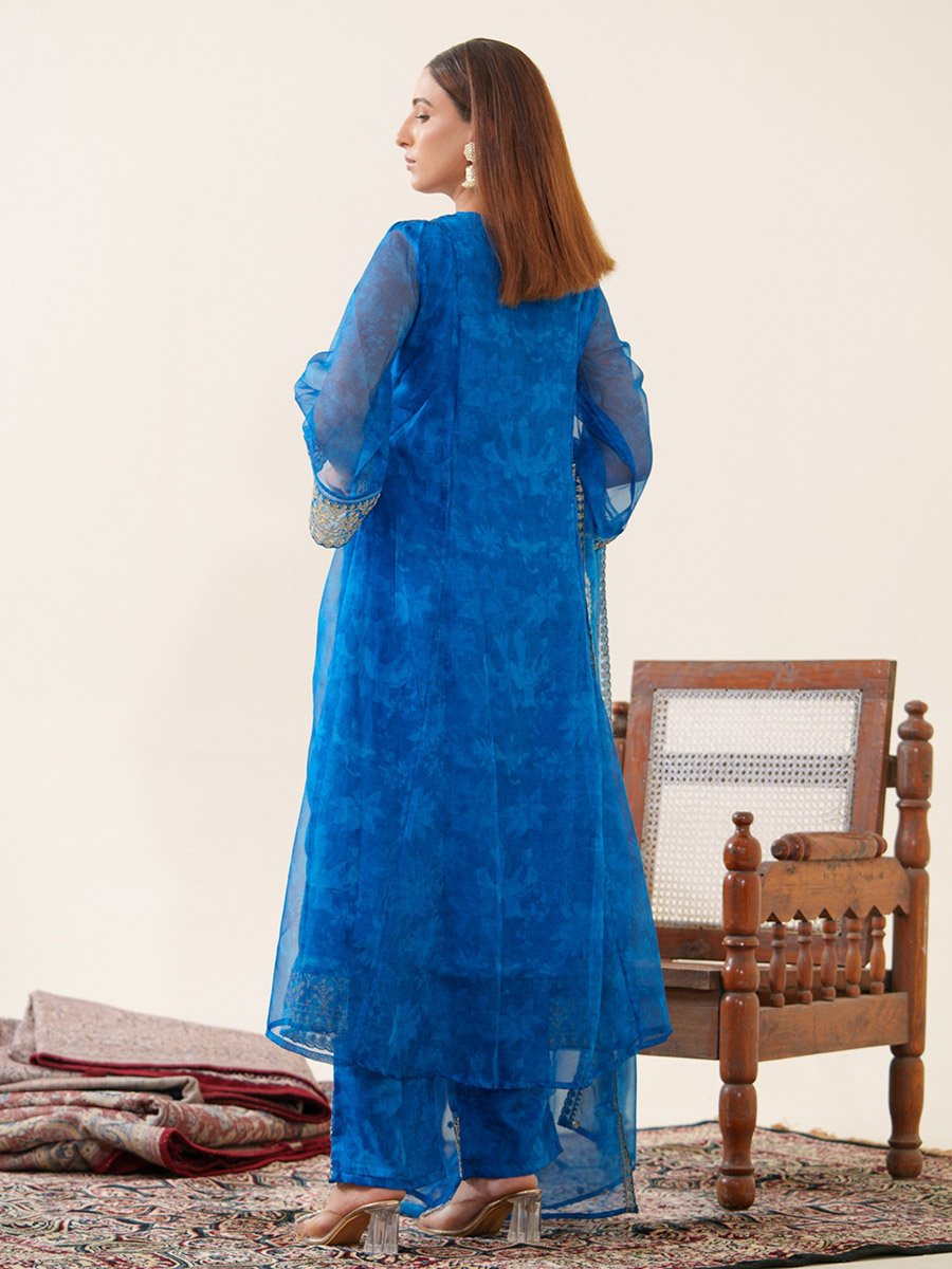 Women Floral Embroidered Organza Kurta with Trousers and Dupatta Set