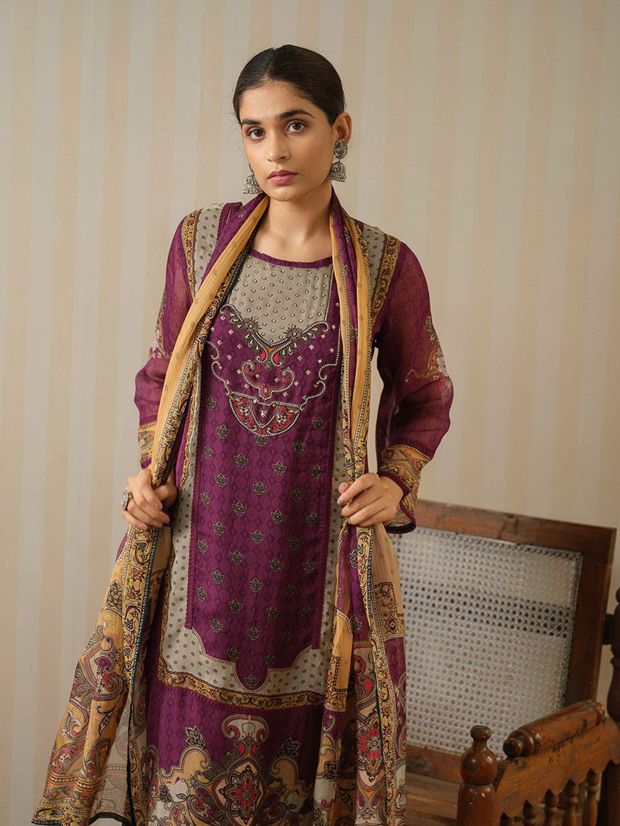 Printed Round Neck Straight Kurta and Trousers with Dupatta Set