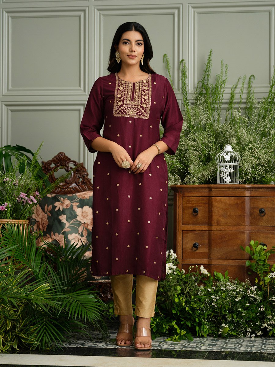 Women Floral Embroidered Sequined Raw Silk Kurta