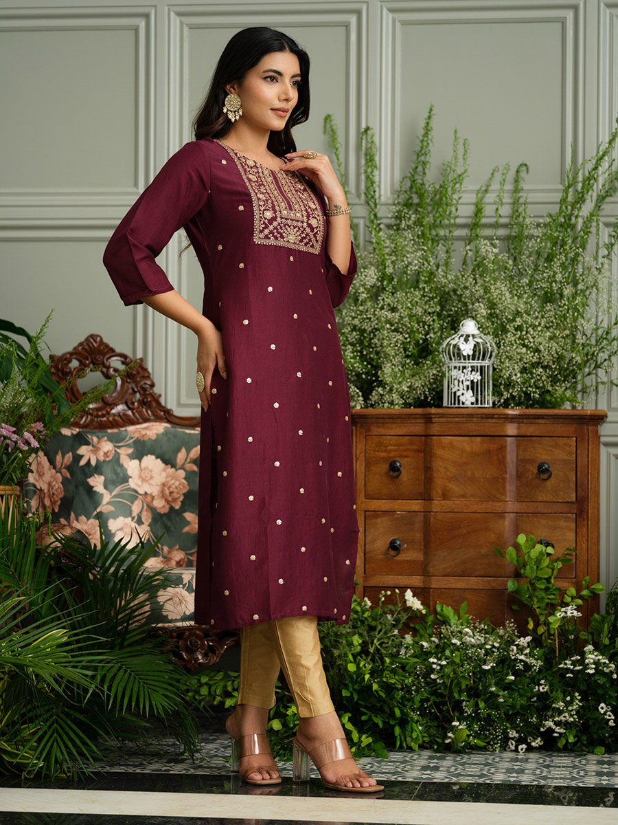 Women Floral Embroidered Sequined Raw Silk Kurta
