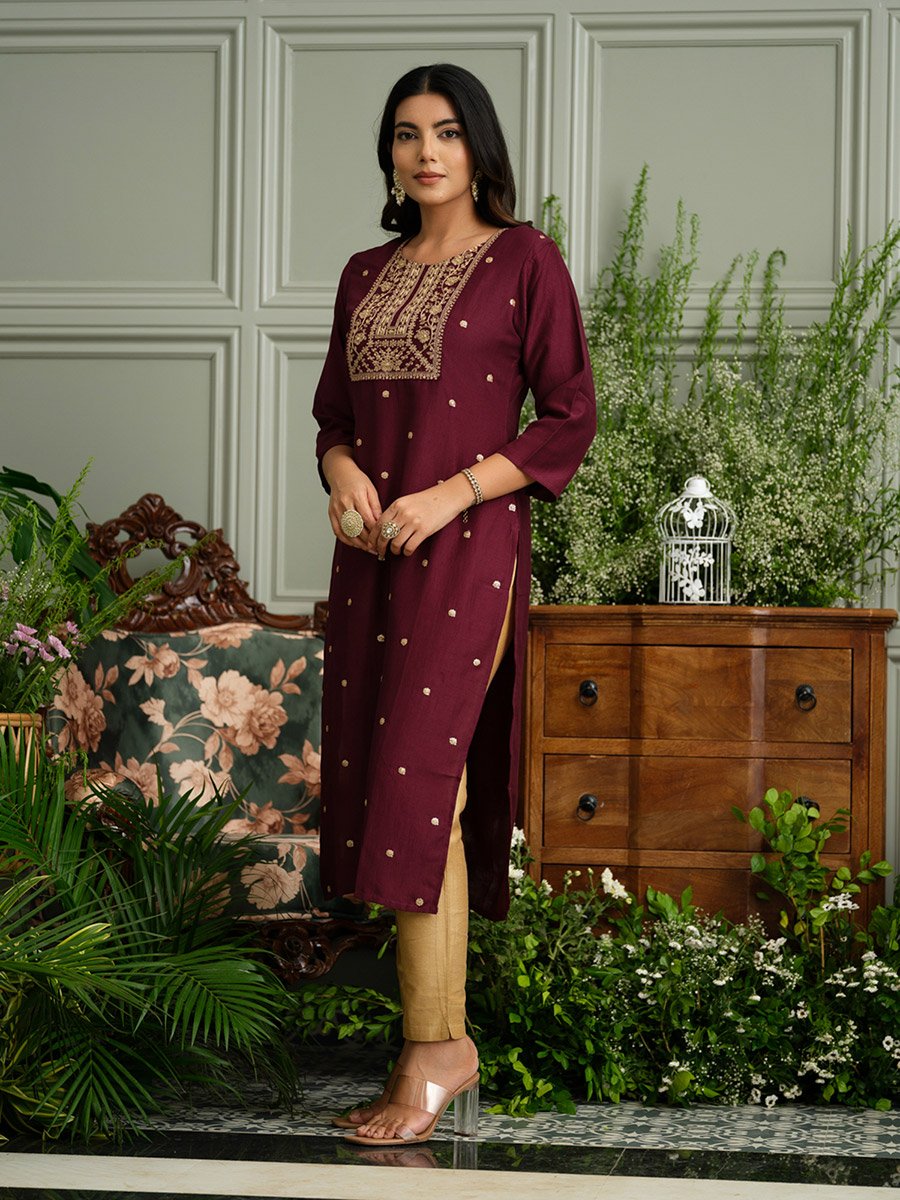 Women Floral Embroidered Sequined Raw Silk Kurta