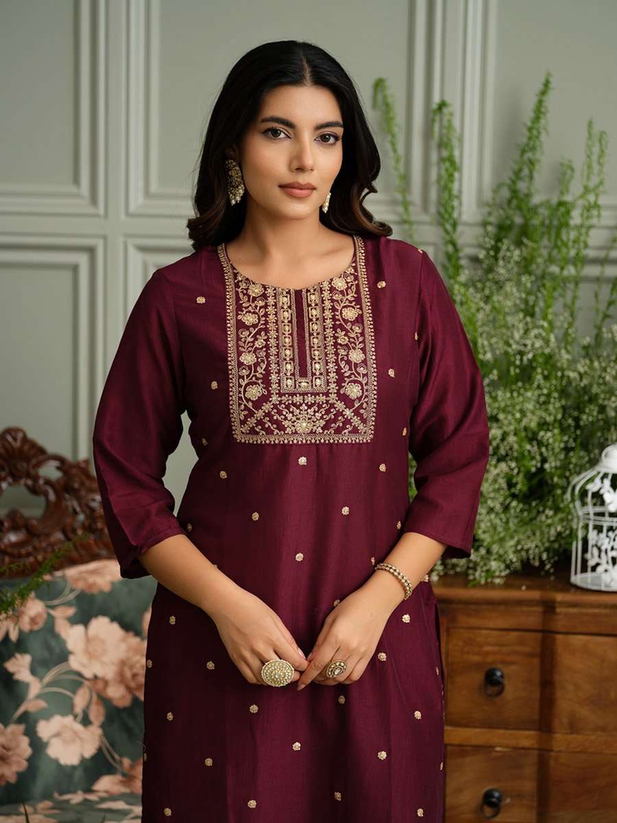 Women Floral Embroidered Sequined Raw Silk Kurta