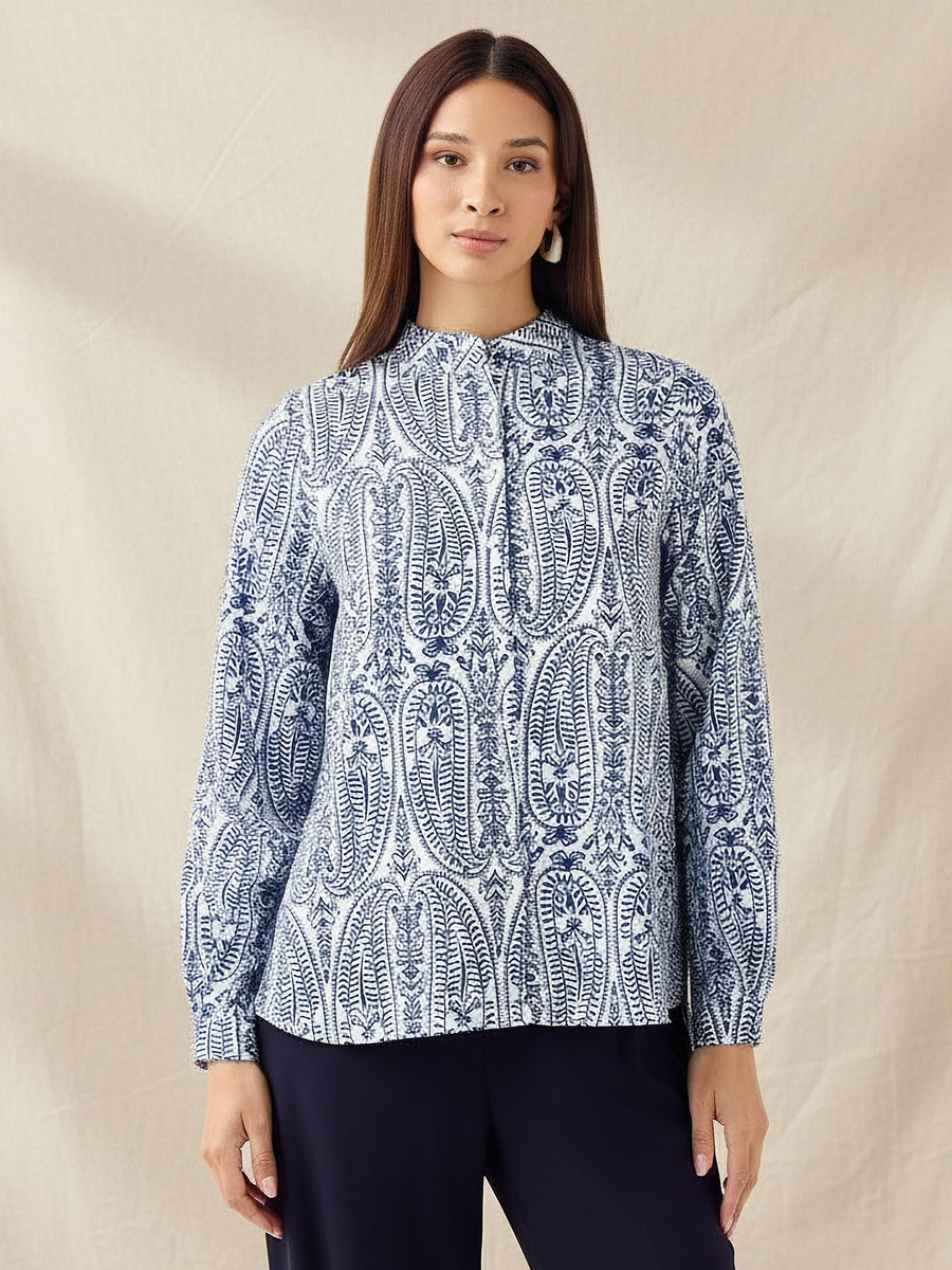 Regular Fit Printed Shirt with Mandarin Collar