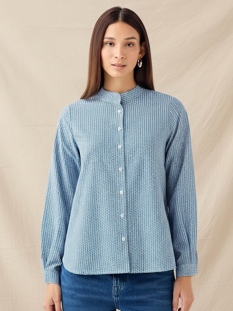 Regular Fit Printed Shirt with Mandarin Collar