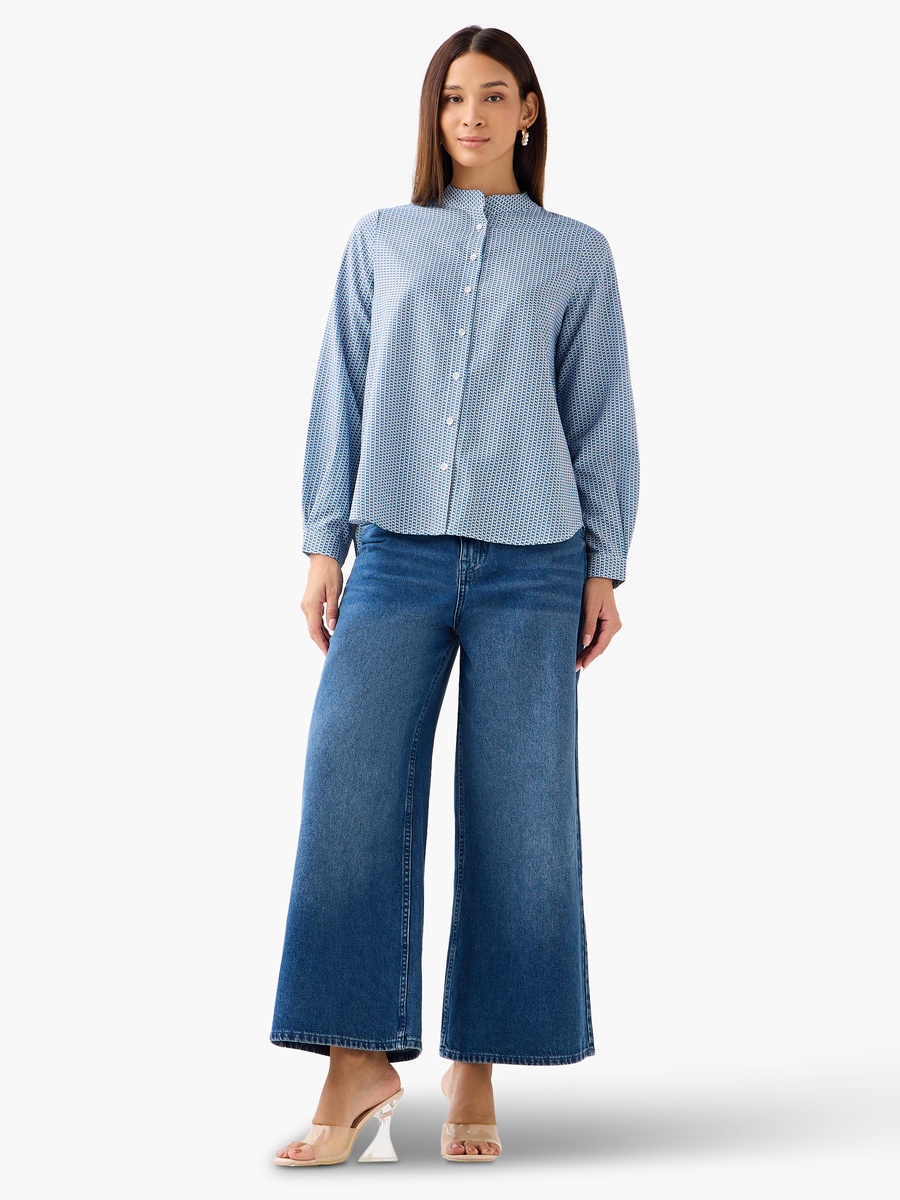 Regular Fit Printed Shirt with Mandarin Collar
