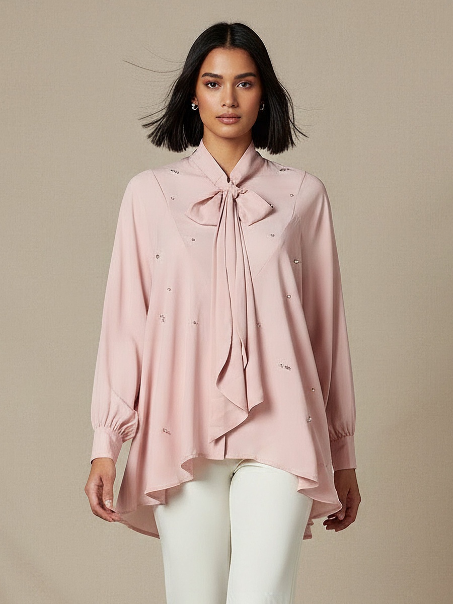 Regular Fit Pussy Bow Neck Top with Embellishment