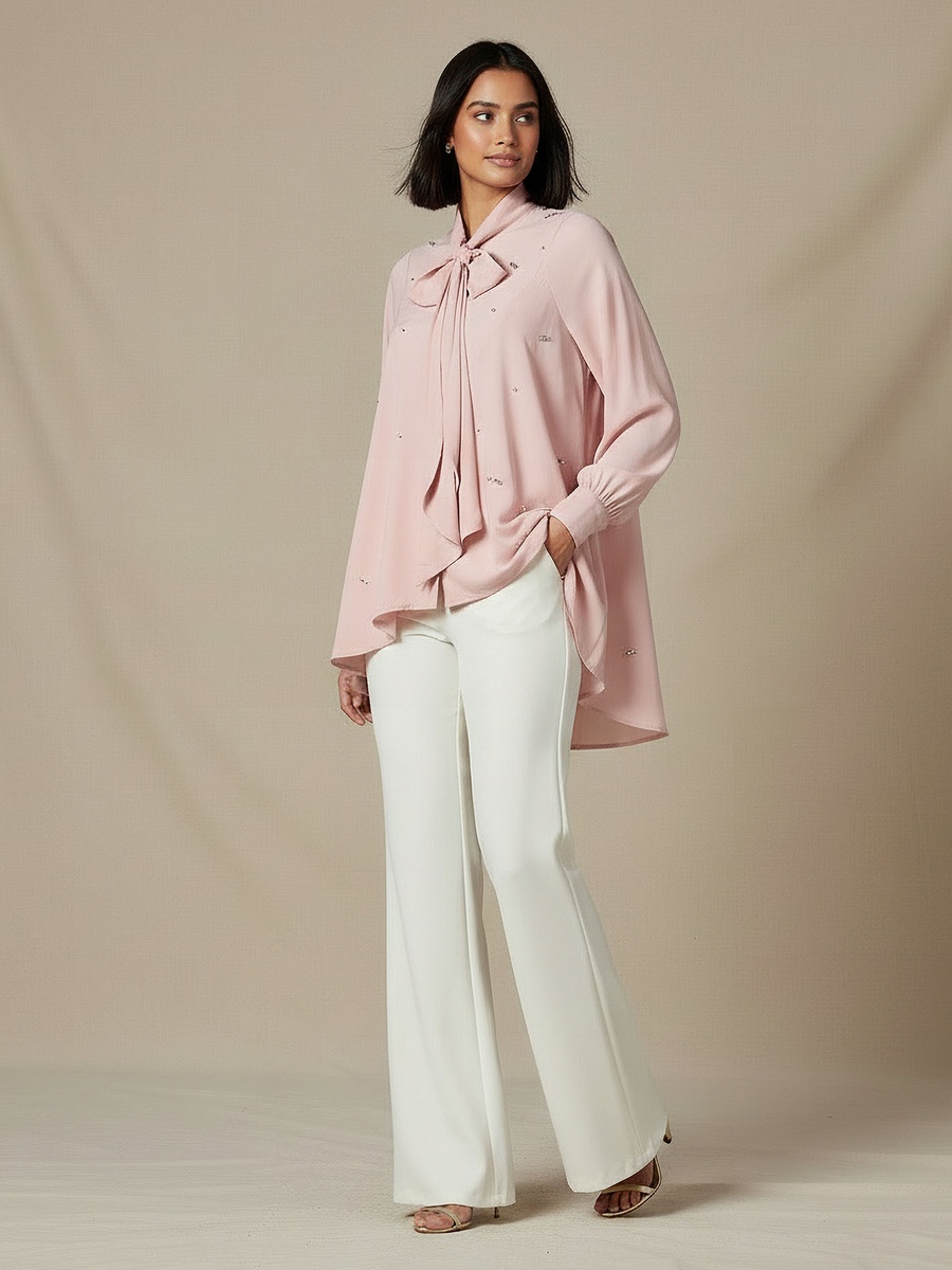 Regular Fit Pussy Bow Neck Top with Embellishment