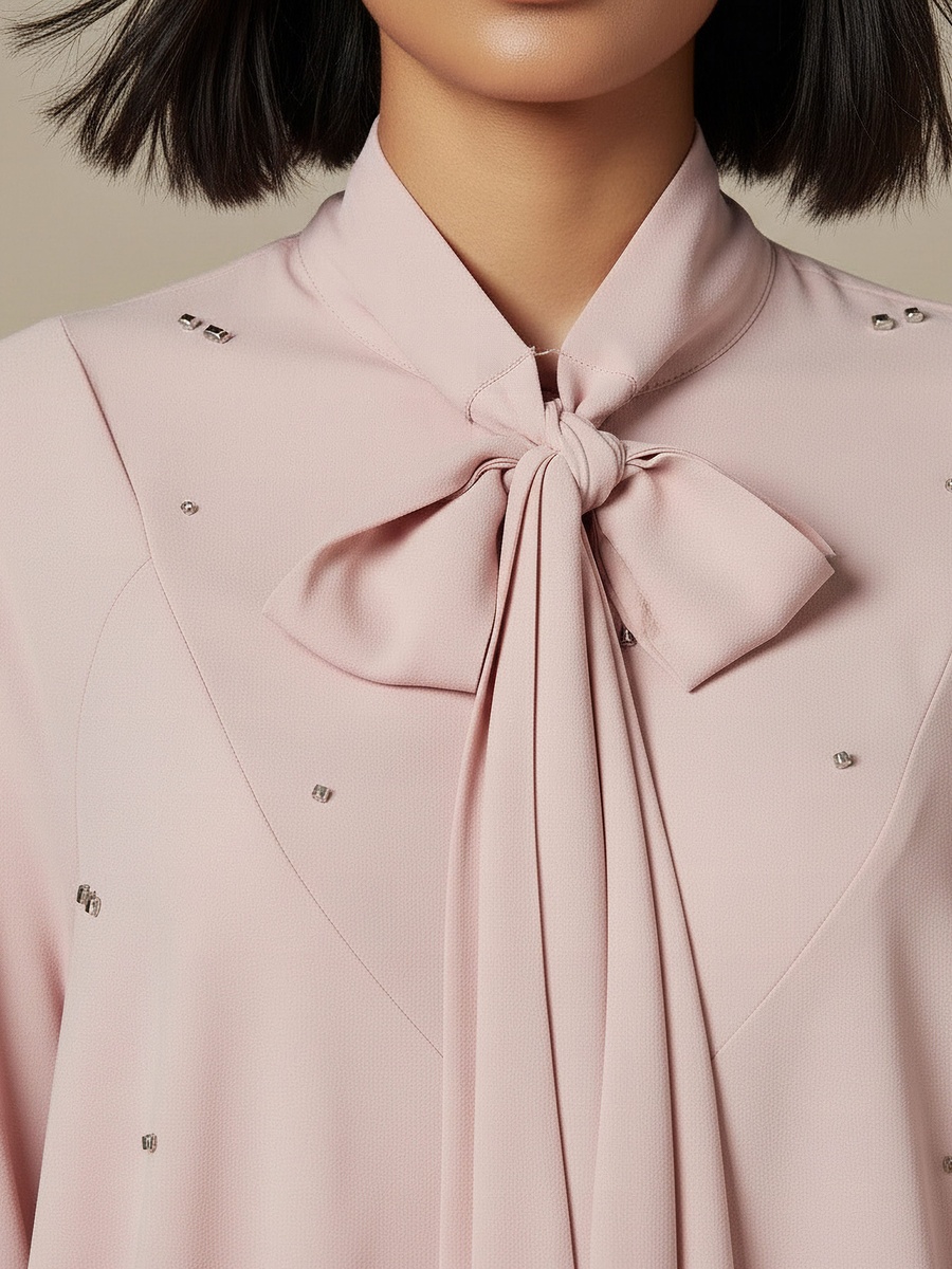 Regular Fit Pussy Bow Neck Top with Embellishment