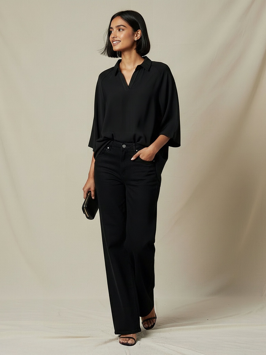 Regular Fit Twill Raglan Sleeve Top with Collar