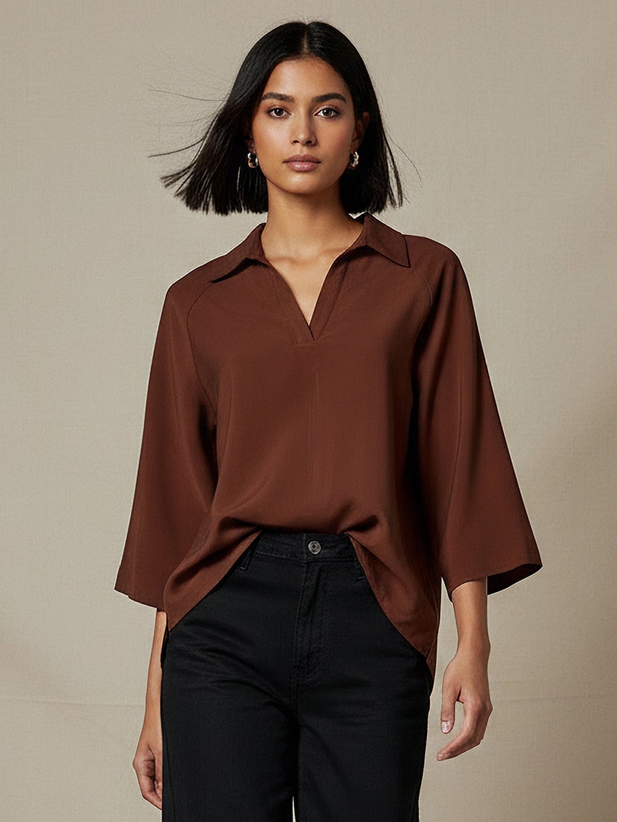 Regular Fit Twill Raglan Sleeve Top with Collar