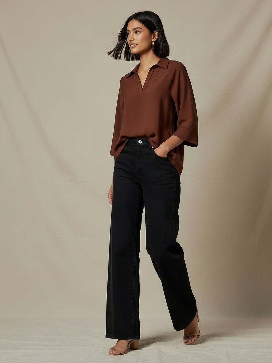 Regular Fit Twill Raglan Sleeve Top with Collar