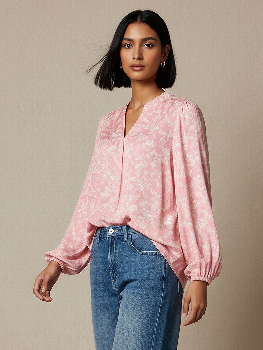Regular Fit Viscose Mandarin Neck Top with Floral Print