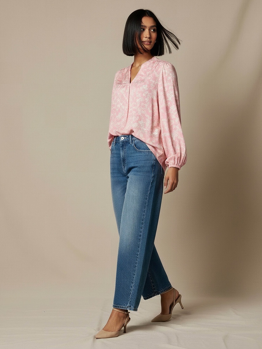 Regular Fit Viscose Mandarin Neck Top with Floral Print