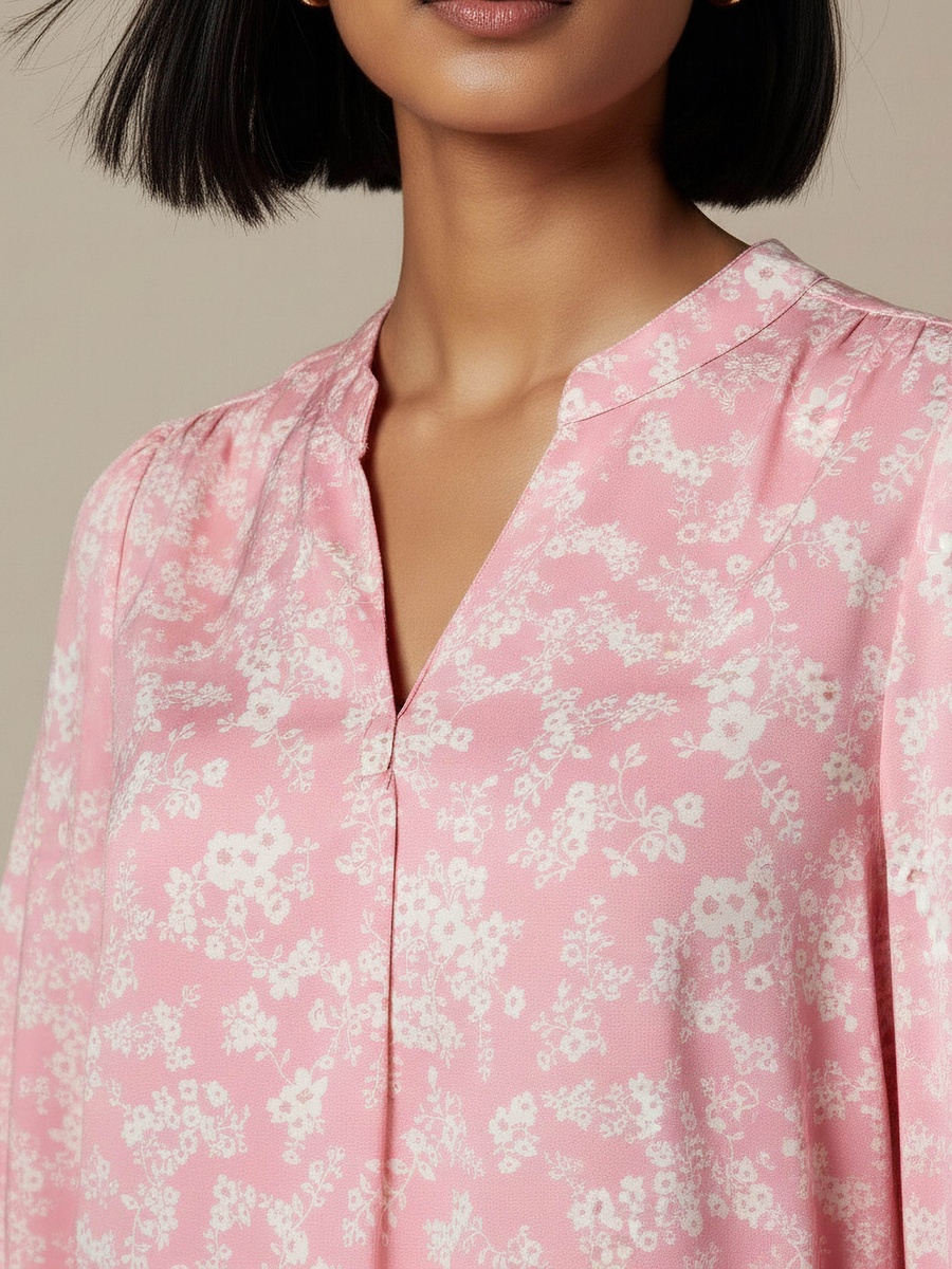 Regular Fit Viscose Mandarin Neck Top with Floral Print