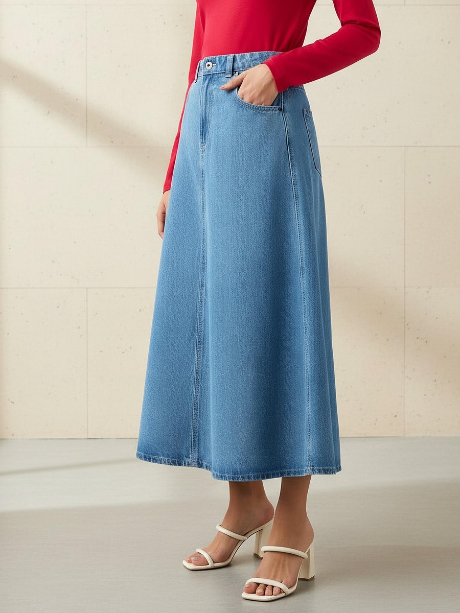 A-Line Denim Midi Skirt with Pockets