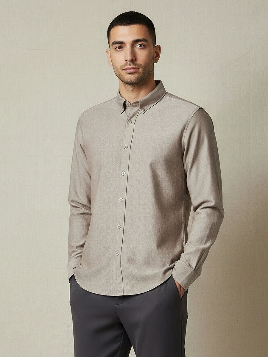 Men Regular Fit Collared Long Sleeves Textured Oxford Shirt