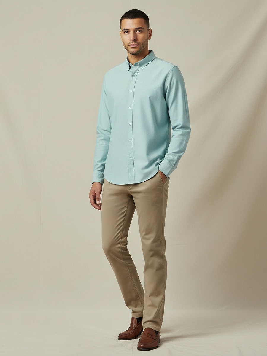 Men Regular Fit Collared Long Sleeves Textured Oxford Shirt