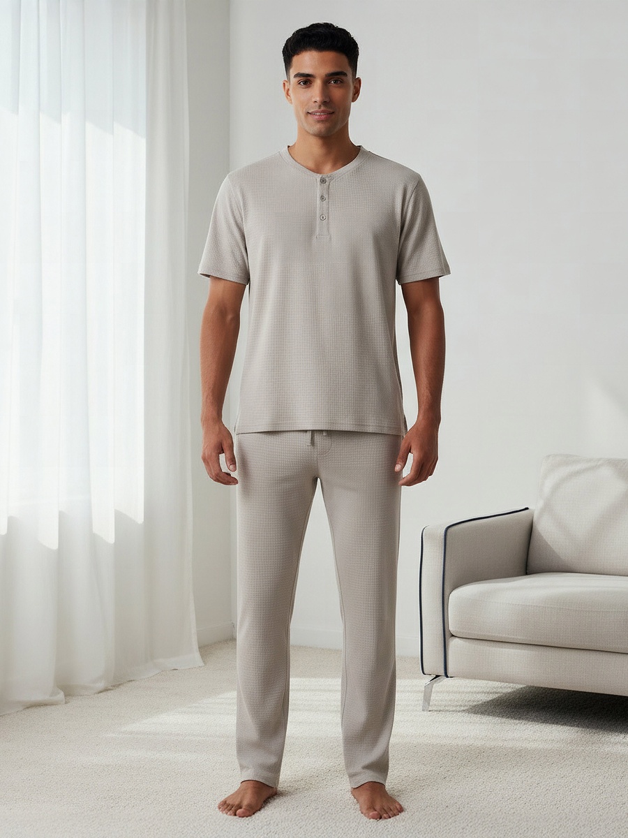 Men Cotton Waffle Textured Henley Neck Nightwear Set