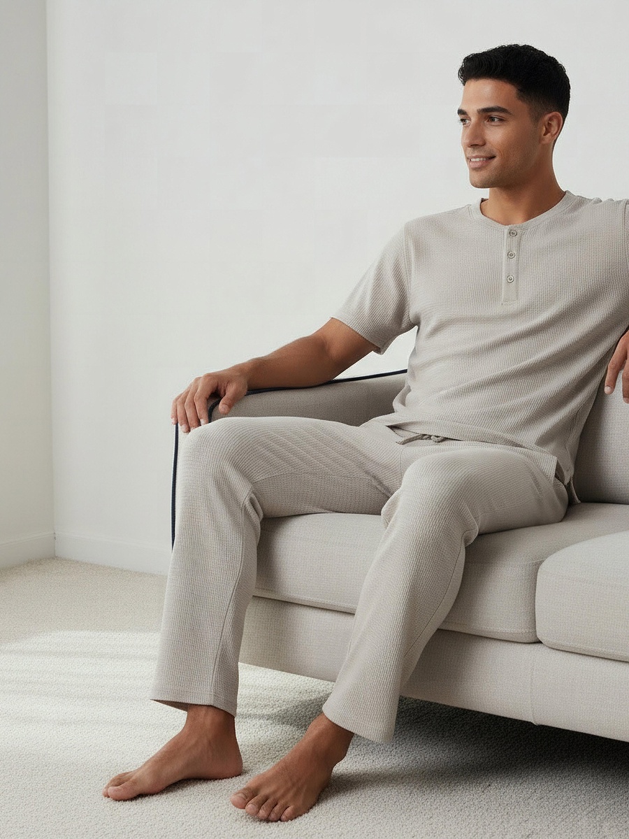 Men Cotton Waffle Textured Henley Neck Nightwear Set