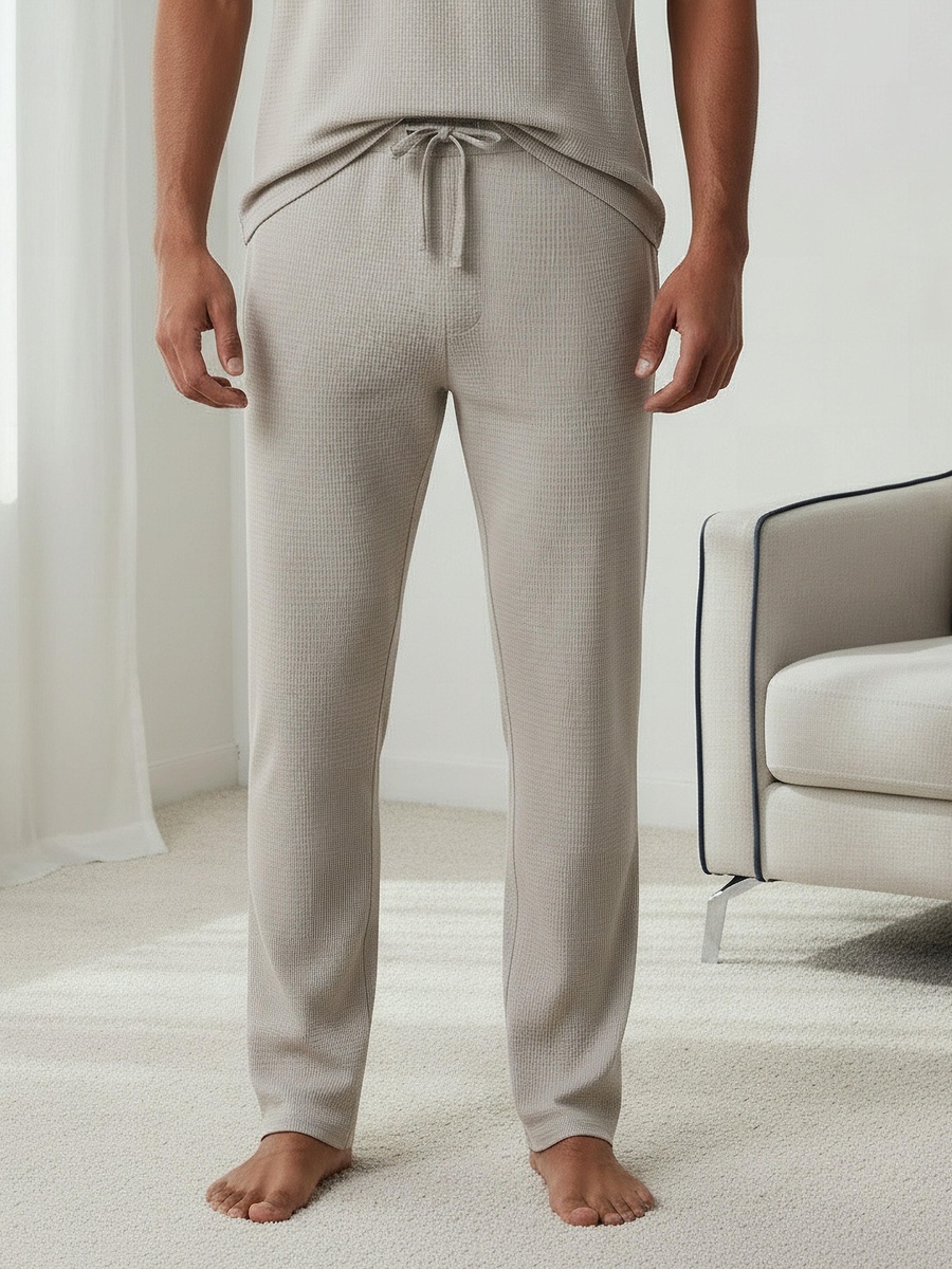 Men Cotton Waffle Textured Henley Neck Nightwear Set