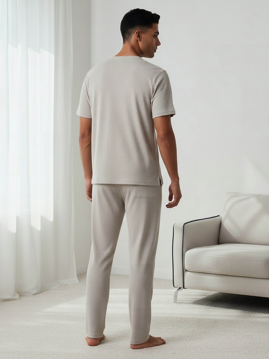 Men Cotton Waffle Textured Henley Neck Nightwear Set