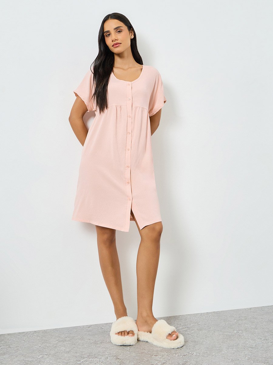 Pink Supersoft Crinkle V Neck Buttoned Nightdress