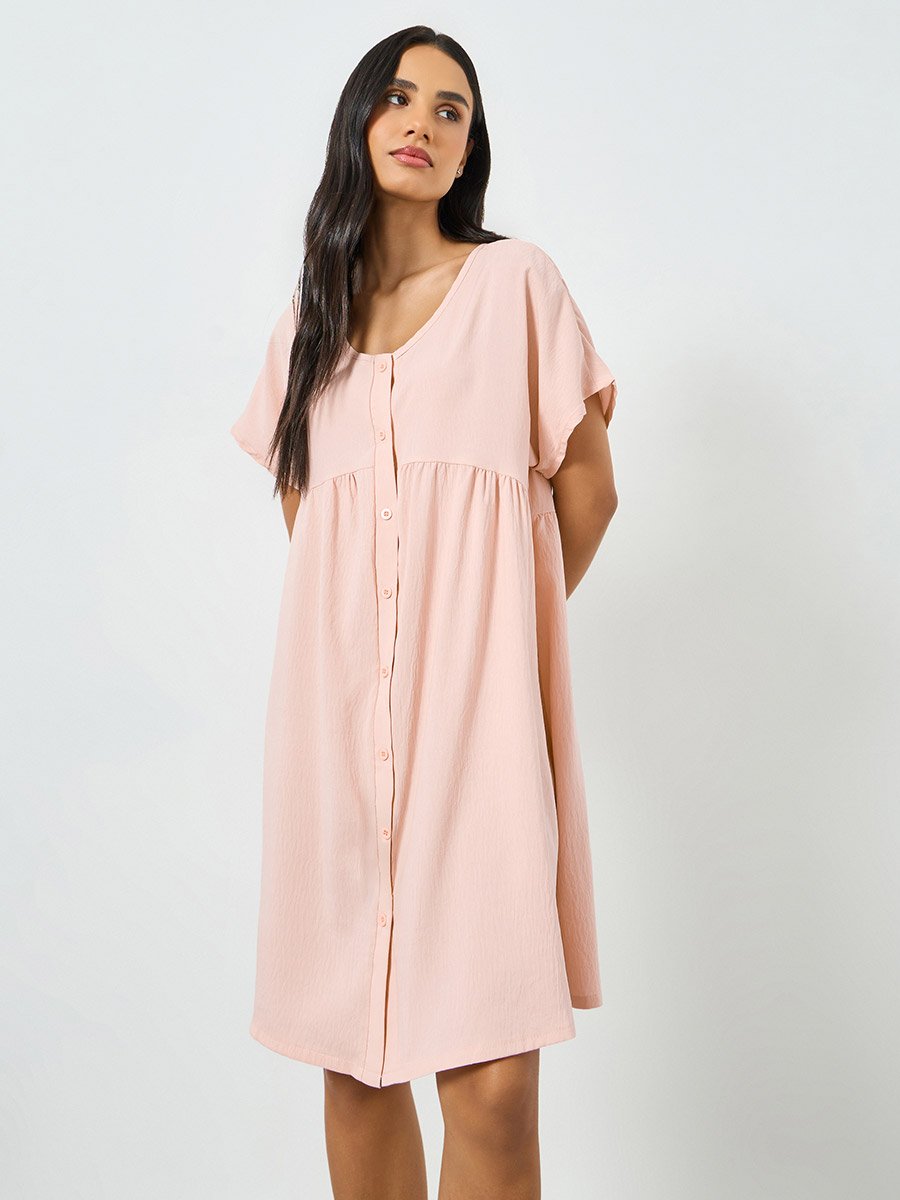 Pink Supersoft Crinkle V Neck Buttoned Nightdress