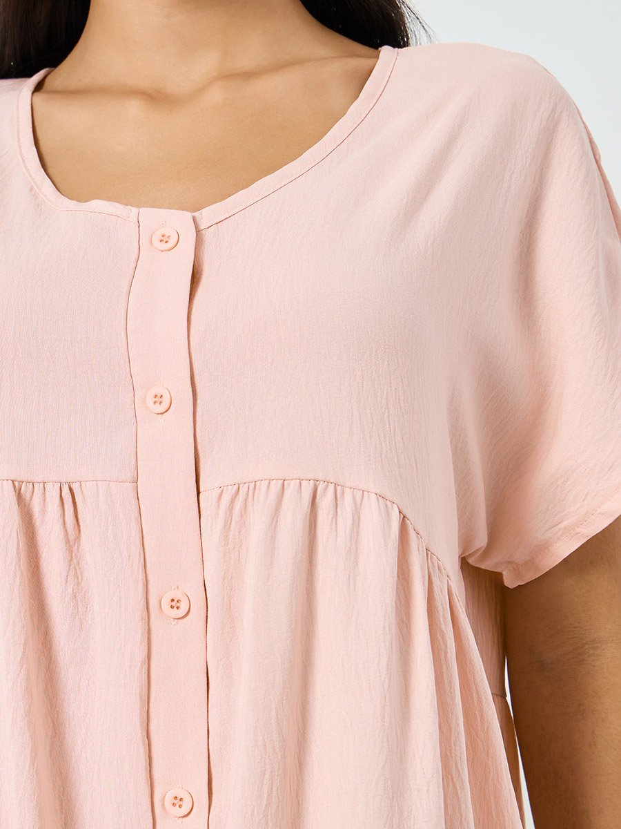 Pink Supersoft Crinkle V Neck Buttoned Nightdress
