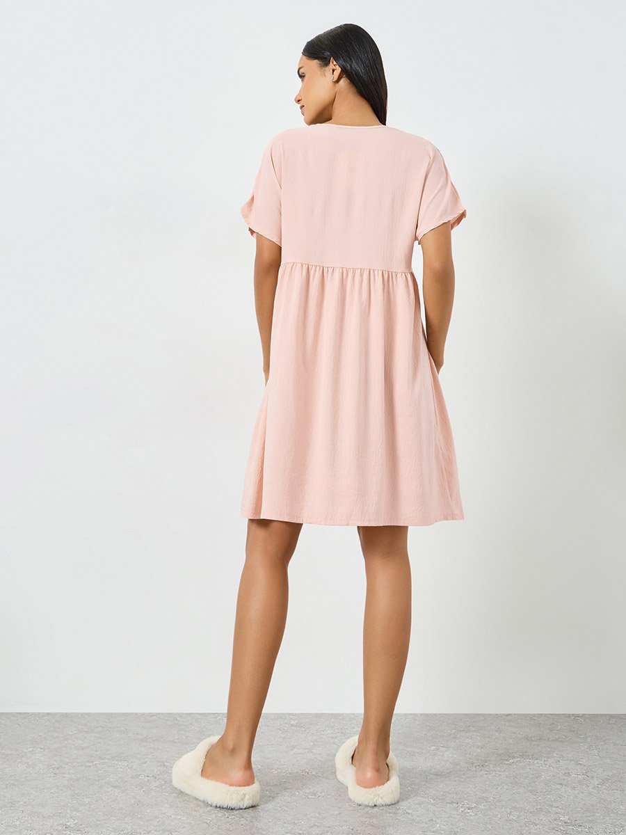 Pink Supersoft Crinkle V Neck Buttoned Nightdress