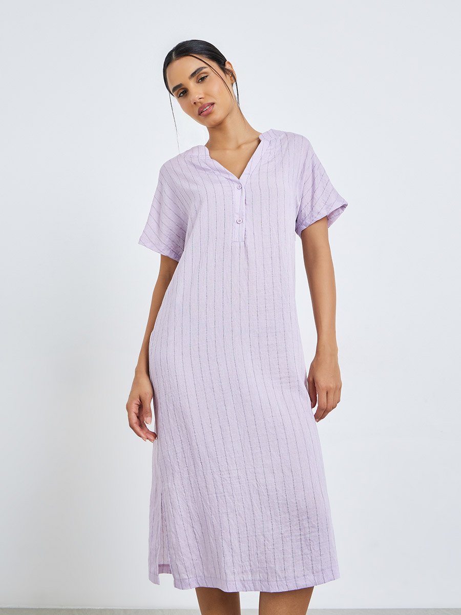 Textured Double Striped Side Slit Viscose Blend Nightdress