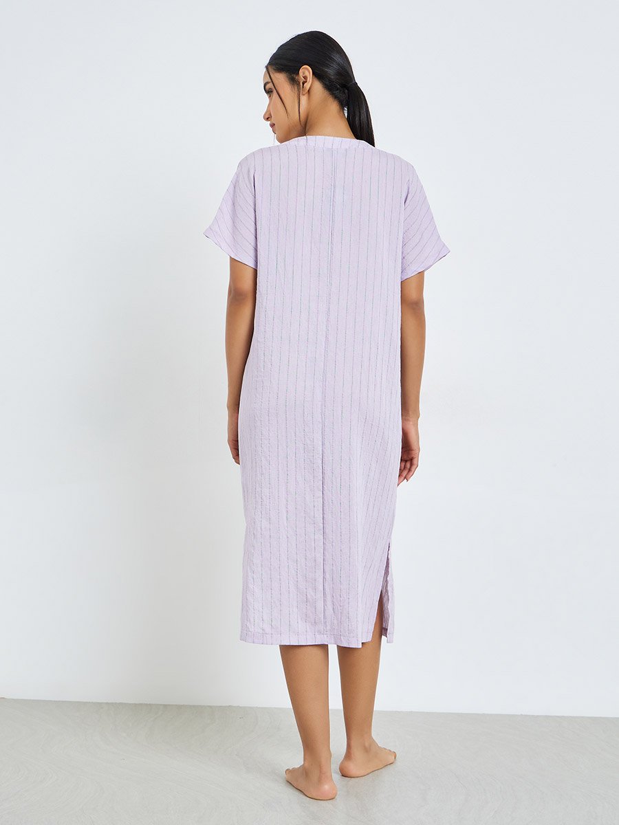 Textured Double Striped Side Slit Viscose Blend Nightdress